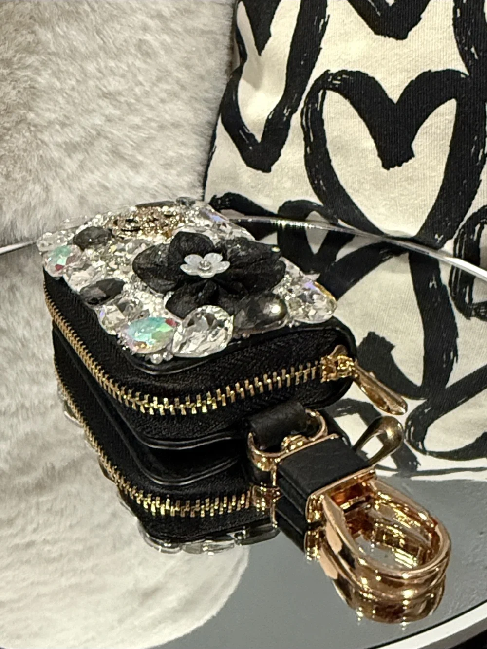 Embellished Black Crystal Flower Mini Crossbody Bag